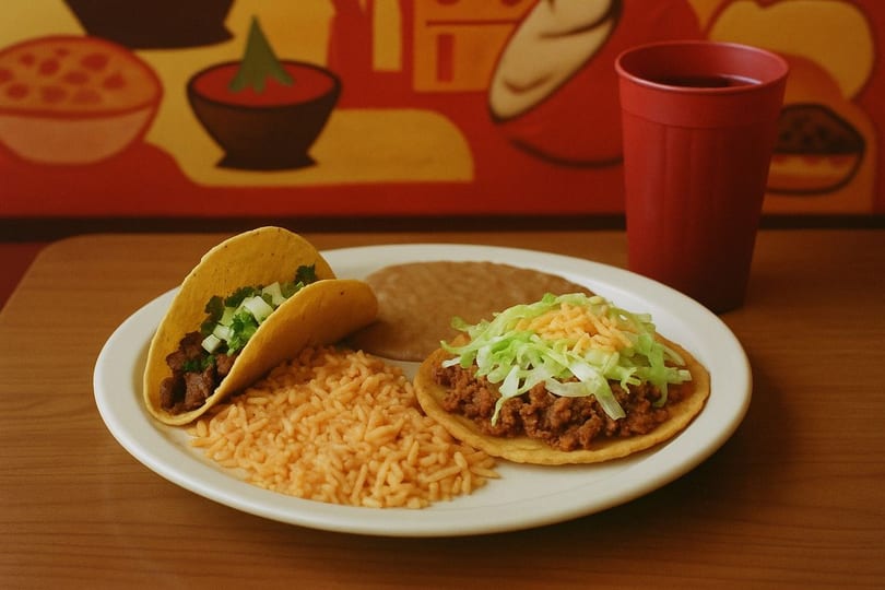 Taco Express plate with a taco, tostada, rice, and refried beans, with a red drink cup.