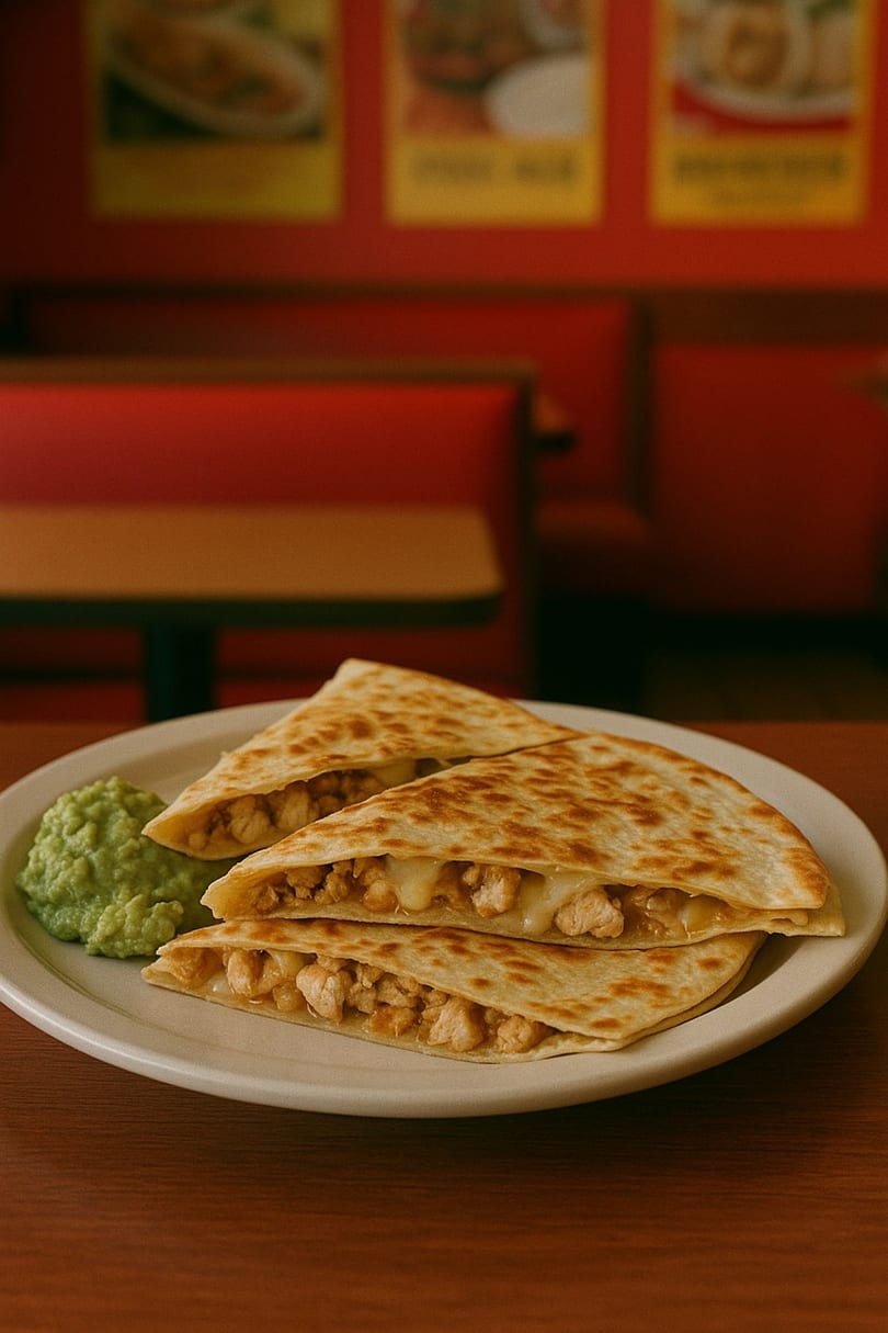Chicken quesadillas with melted cheese and a side of guacamole on a plate at Taco Express.
