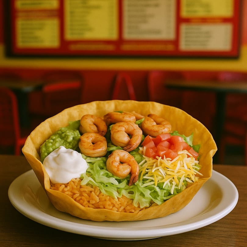 Shrimp taco salad in a crispy tortilla bowl with rice, guacamole, sour cream, lettuce, cheese, and tomatoes.